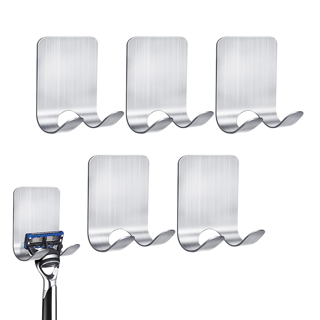 HASTHIP 5Pcs Wall Hooks Self Adhesive Razor Holder Rack Men's Shaver Holder Rack Brushed 304 Stainless Steel Bathroom Towel Hooks Dual-Hook Wall Hooks Metal Hooks for Bathroom, Kitchen HASTHIP 5Pcs Wall Hooks Self Adhesive Razor Holder Rack Men's Shaver Holder Rack Brushed 304 Stainless Steel Bathroom Towel Hooks Dual-Hook Wall Hooks Metal Hooks for Bathroom, Kitchen